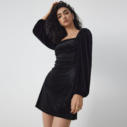 Damen Samt-Minikleid mit quadratischem Ausschnitt gerafftem Bustier und Ballonärmeln Nord Taschen
