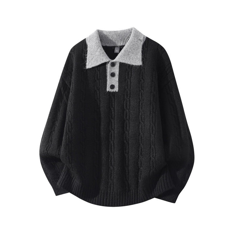 Herren Oversize Zopfmuster-Polo-Strickpullover mit Kontrastkragen und Dreiknopfleiste Nord Taschen