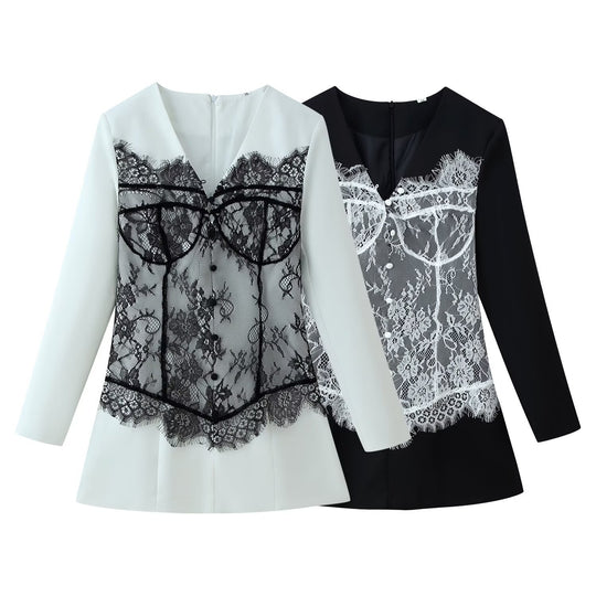 Damen Elegante Bluse mit Spitzen‑Corset‑Applikation und V‑Ausschnitt Nord Taschen