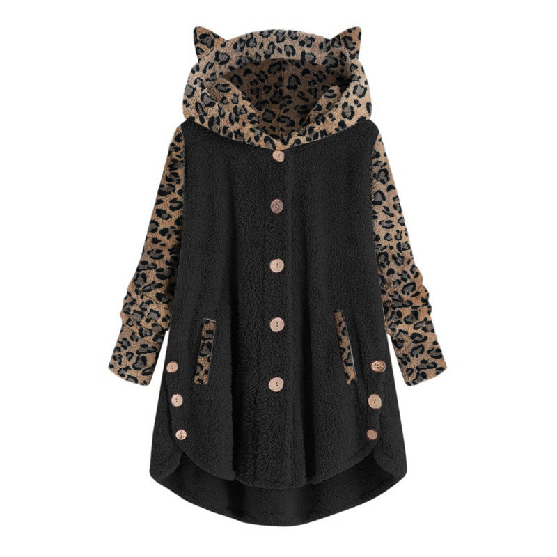 Damen Teddy‑Mantel mit Kapuze Knopfleiste und kontrastierenden Leopardenärmeln Nord Taschen