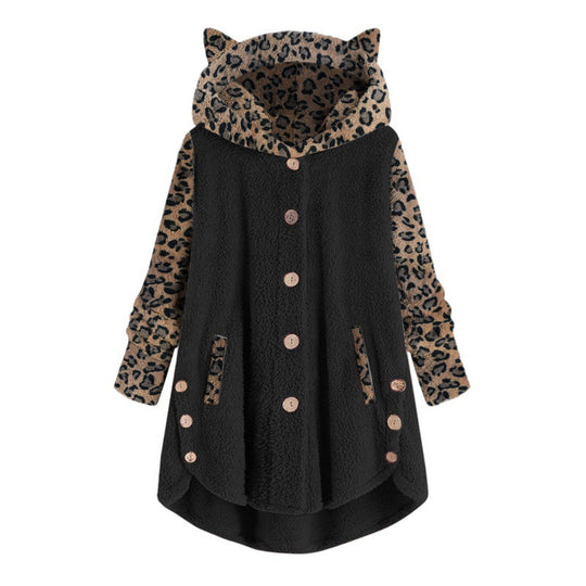 Damen Teddy‑Mantel mit Kapuze Knopfleiste und kontrastierenden Leopardenärmeln Nord Taschen