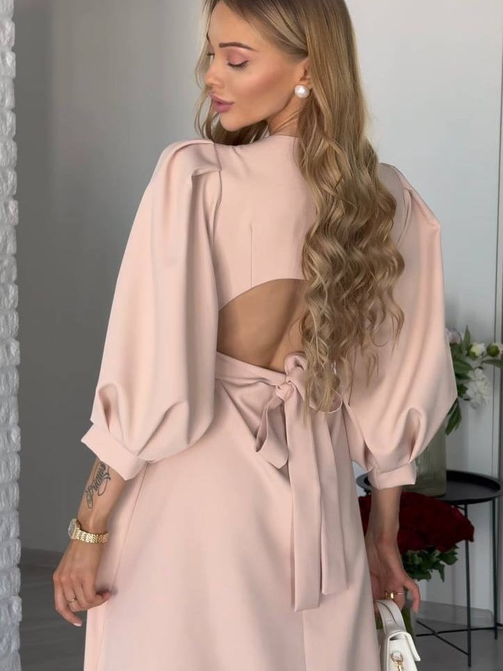 Damen Midikleid mit offenem Rückenausschnitt, voluminösen Puffärmeln und Bindegürtel Nord Taschen