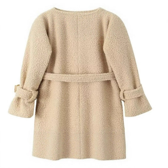 Damen Zweireihiger Teddy‑Mantel mit Bindegürtel und Schnallenärmeln Nord Taschen