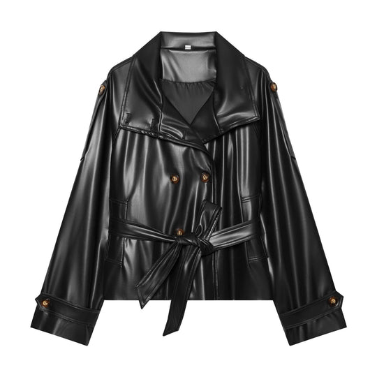 Damen Kurzer Doppelreihiger Kunstleder‑Trench mit Taillengürtel Nord Taschen