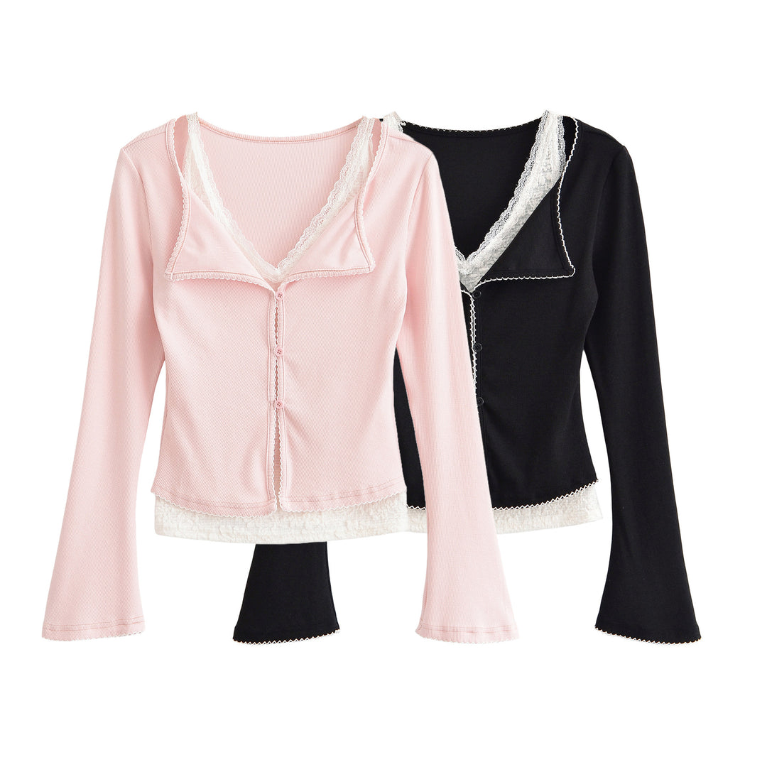 Damen Taillierter Buttoncardigan mit Spitzenbesatz und ausgestellten Ärmeln Nord Taschen
