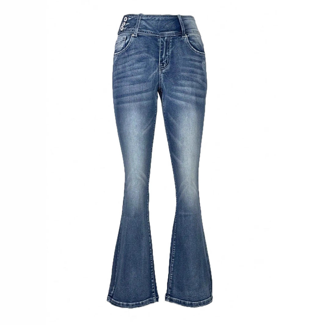 Damen hochtaillierte Flared-Jeans mit seitlicher Ziernaht und sculptendem Stretchbund Nord Taschen