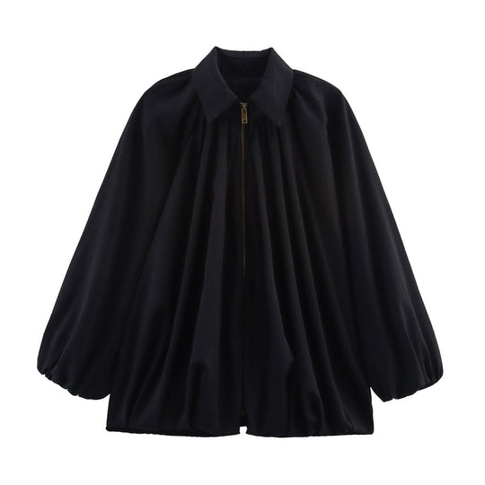 Damen Oversize-Hemdbluse mit Reißverschluss, Kräuselung und Ballonärmeln Nord Taschen