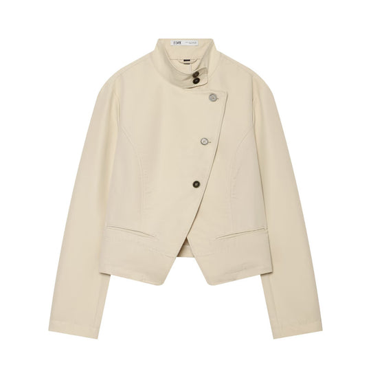 Damen Asymmetrische Kurzjacke mit Stehkragen und taillierten Nähten Nord Taschen