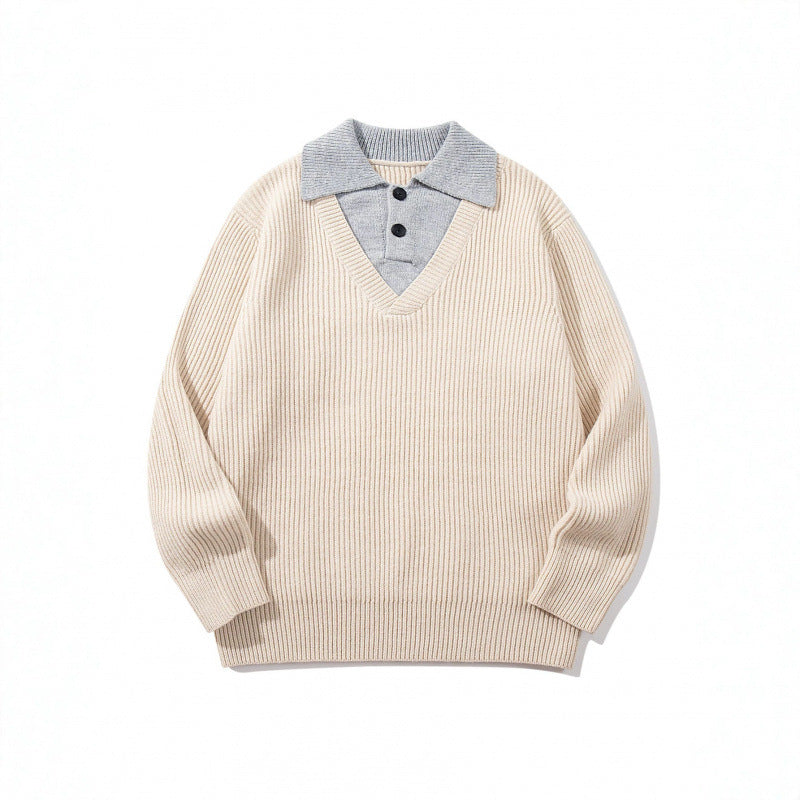 Unisex Grobstrick-Kastenpullover mit V-Ausschnitt und kontrastierendem Polo-Knopfkragen Nord Taschen
