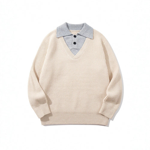 Unisex Grobstrick-Kastenpullover mit V-Ausschnitt und kontrastierendem Polo-Knopfkragen Nord Taschen