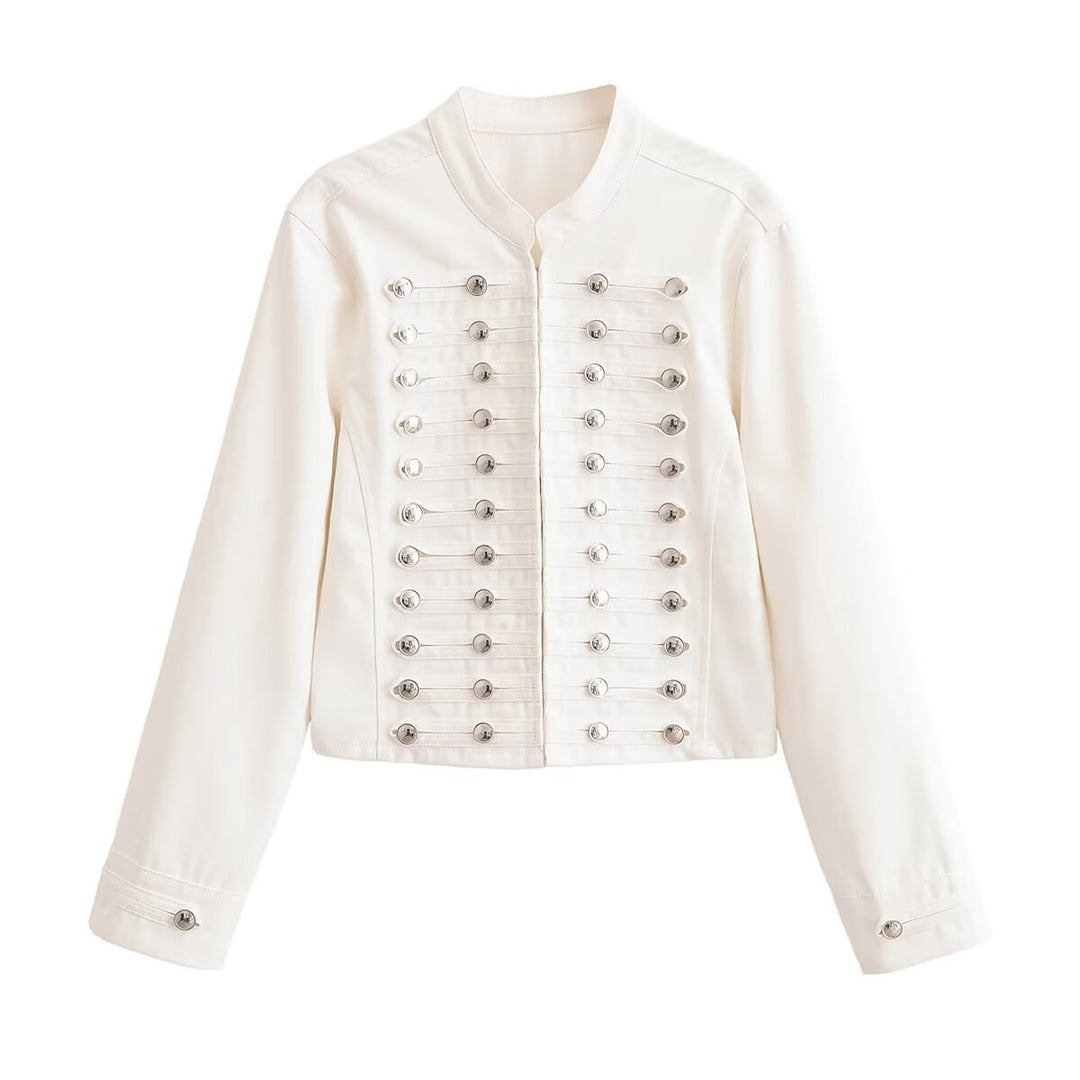 Damen Cropped Militärjacke mit Stehkragen und dekorativer Zierknopfleiste Nord Taschen