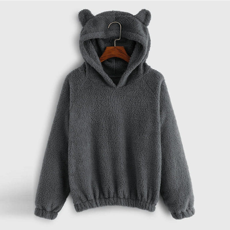 Damen Kuscheliger Teddy-Kapuzenpullover mit Bärenohren und Gummizugsaum Nord Taschen