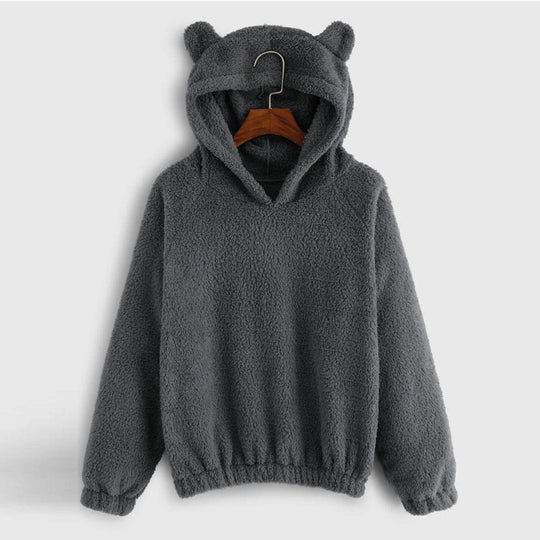Damen Kuscheliger Teddy-Kapuzenpullover mit Bärenohren und Gummizugsaum Nord Taschen