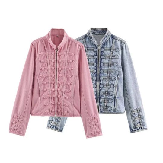 Damen Taillierte Kurzjacke im historischen Uniformstil mit Stehkragen Nord Taschen