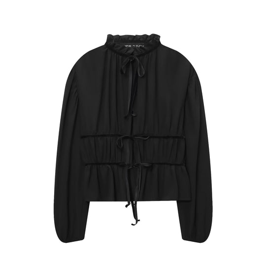 Damen Leichte Chiffon-Cropped-Bluse mit Rüschenkragen und Taillenbändern Nord Taschen