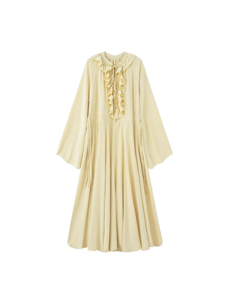 Damen Maxikleid mit Volants, Bindekragen und weitem Glockenärmel Nord Taschen
