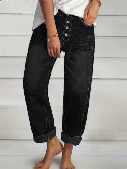 Damen High‑Waist Relaxed-Fit Jeans im Boyfriend-Stil mit Sichtbarer Knopfleiste und Aufgekrempeltem Saum Nord Taschen