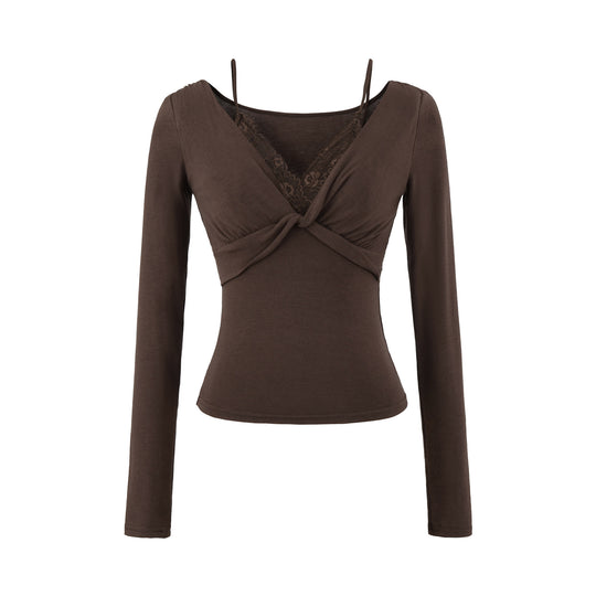 Damen Figurbetontes Langarm-Top mit Twist-Detail, Spitzeneinsatz und V-Ausschnitt Nord Taschen