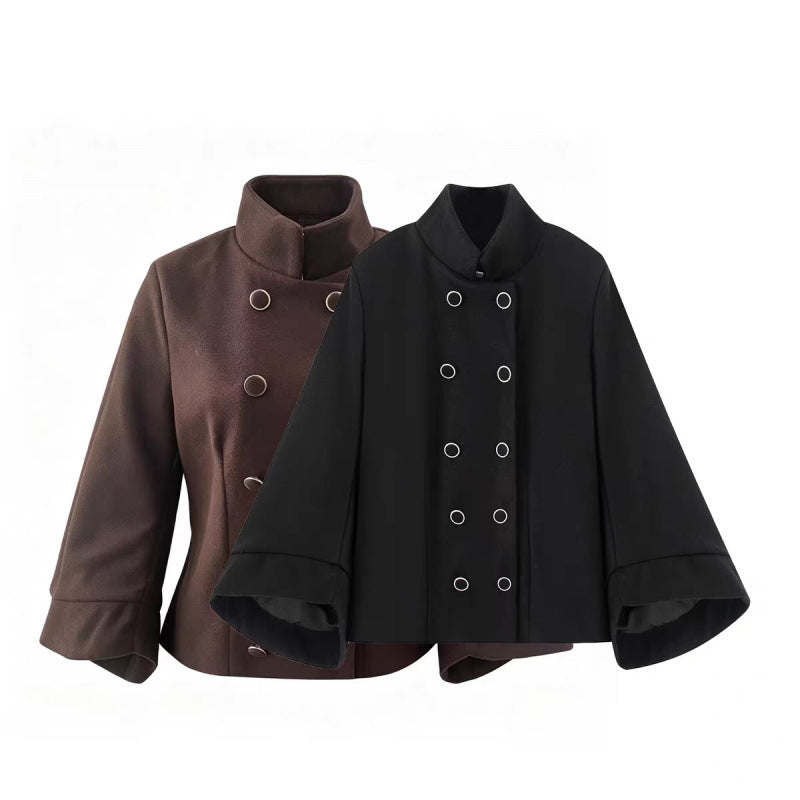 Damen Taillierte Double‑Breasted Kurzjacke mit Stehkragen und Glockenärmeln Nord Taschen