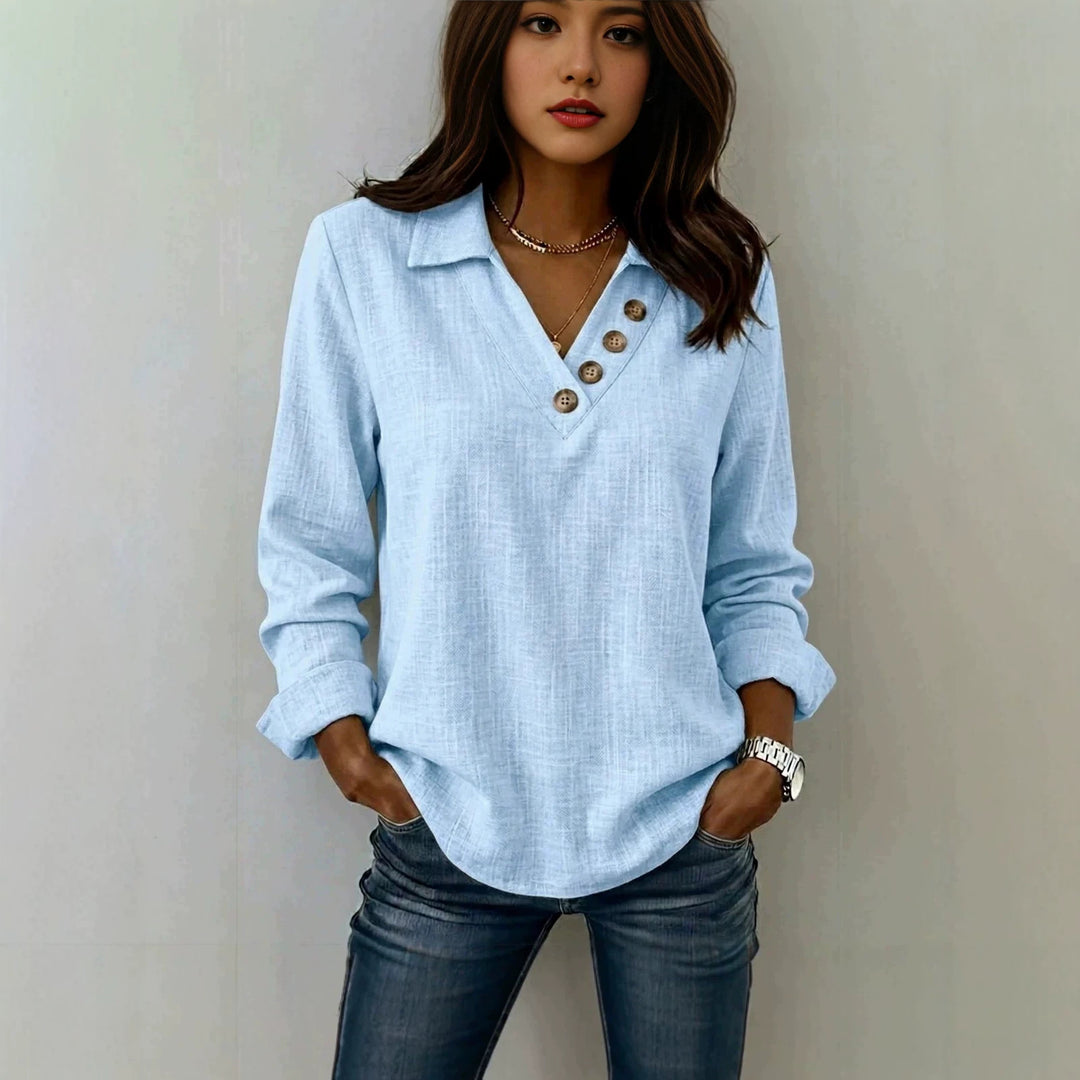 Damen Lässiges V-Ausschnitt-Blusenshirt mit Hemdkragen und asymmetrischer Zierknopfleiste Nord Taschen