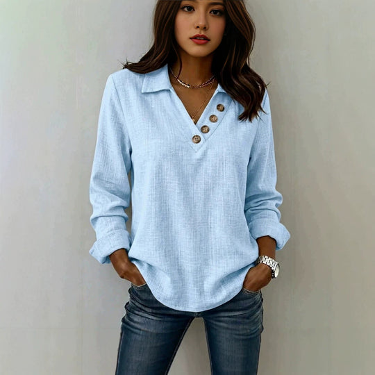 Damen Lässiges V-Ausschnitt-Blusenshirt mit Hemdkragen und asymmetrischer Zierknopfleiste Nord Taschen