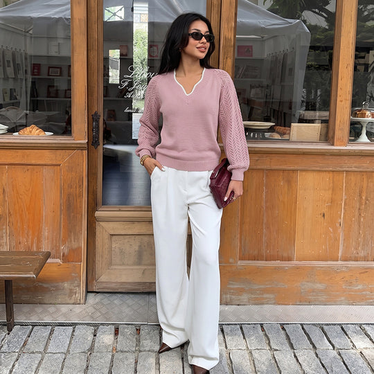 Damen Eleganter Pullover mit Lochmuster und V-Ausschnitt Nord Taschen