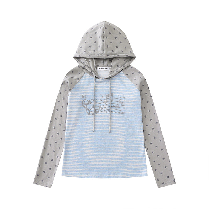 Damen Kapuzen-Langarmshirt im Raglanstil mit Sternärmeln und Noten-Print Nord Taschen