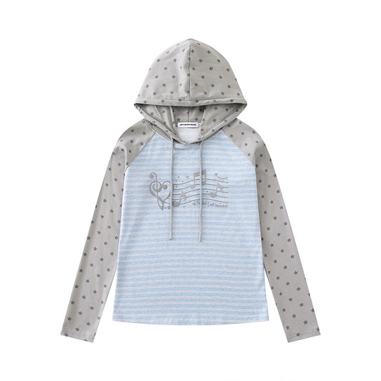Damen Kapuzen-Langarmshirt im Raglanstil mit Sternärmeln und Noten-Print Nord Taschen