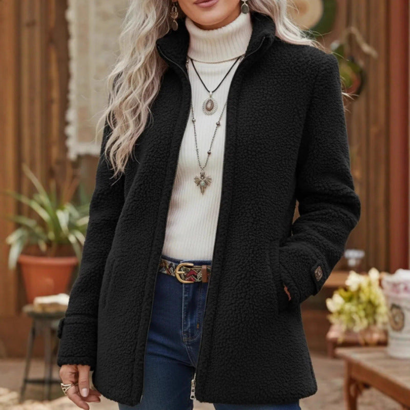 Damen Kuscheliger Teddy-Cardigan-Mantel mit Stehkragen, verdecktem Reißverschluss und Zierknopfmanschetten Nord Taschen