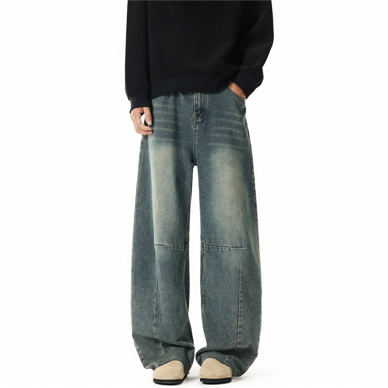 Herren Weit geschnittene Baggy-Jeans mit hoher Bundhöhe, Knie‑Abnähern und Used‑Waschung Nord Taschen