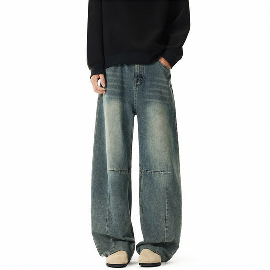 Herren Weit geschnittene Baggy-Jeans mit hoher Bundhöhe, Knie‑Abnähern und Used‑Waschung Nord Taschen