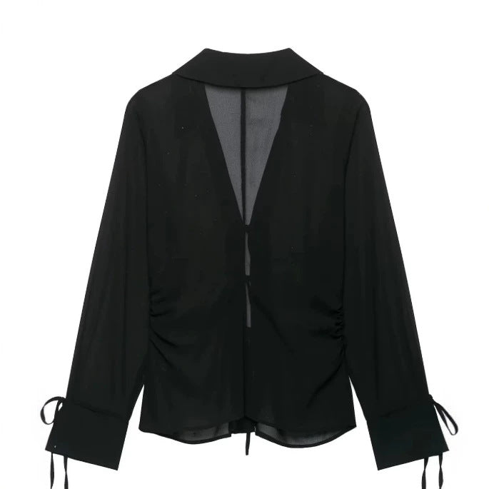 Damen Transparente V‑Ausschnitt Bluse mit Bindebändern und Schmuckstein‑Applikation Nord Taschen