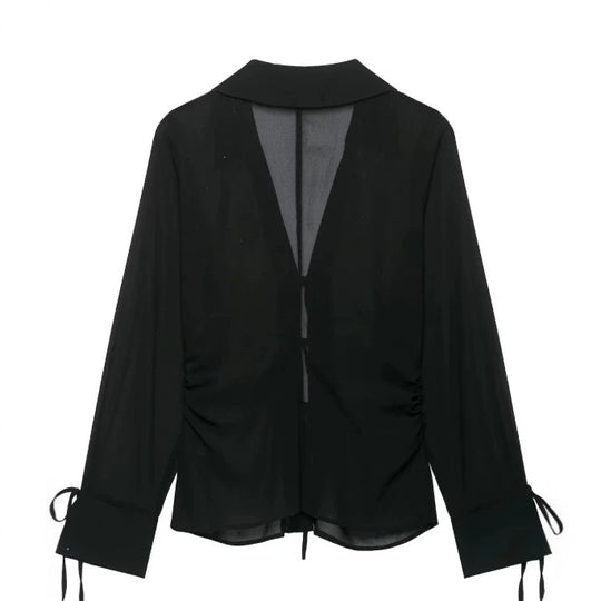 Damen Transparente V‑Ausschnitt Bluse mit Bindebändern und Schmuckstein‑Applikation Nord Taschen
