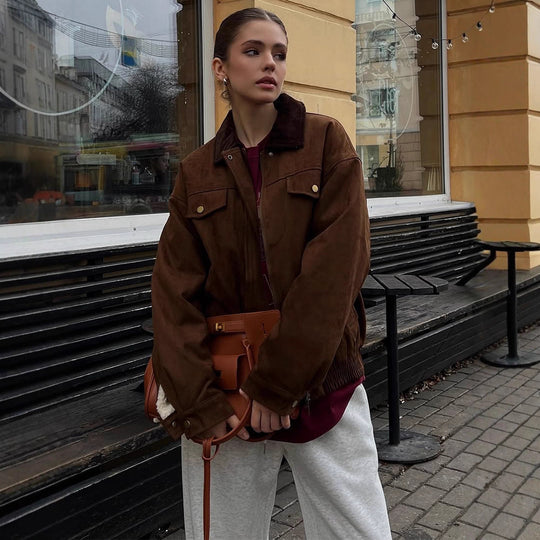 Damen Boxy-Suede-Blousonjacke mit Cordkragen und Teddyfutter Nord Taschen