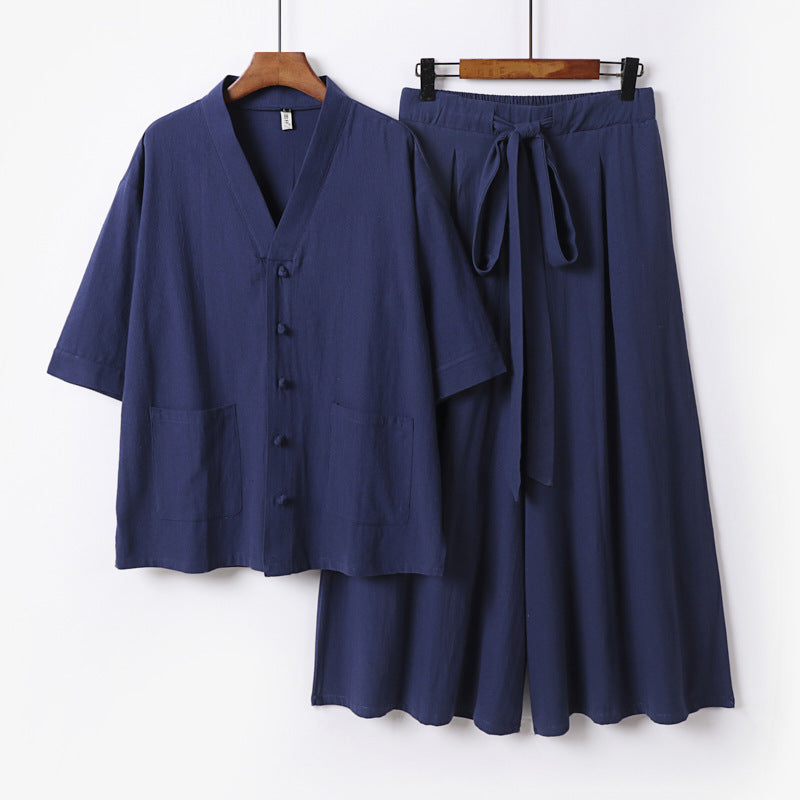 Damen Zweiteiliges Kimono-Lounge-Set mit Kurzarm-Knopfjacke, aufgesetzten Taschen und weiten Palazzo-Hosen Nord Taschen