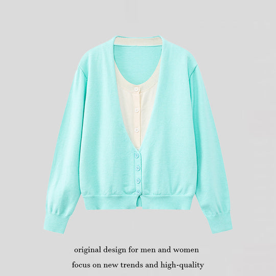 Damen Zweilagige V-Neck-Strickjacke mit integriertem Henley-Innenlayer Nord Taschen