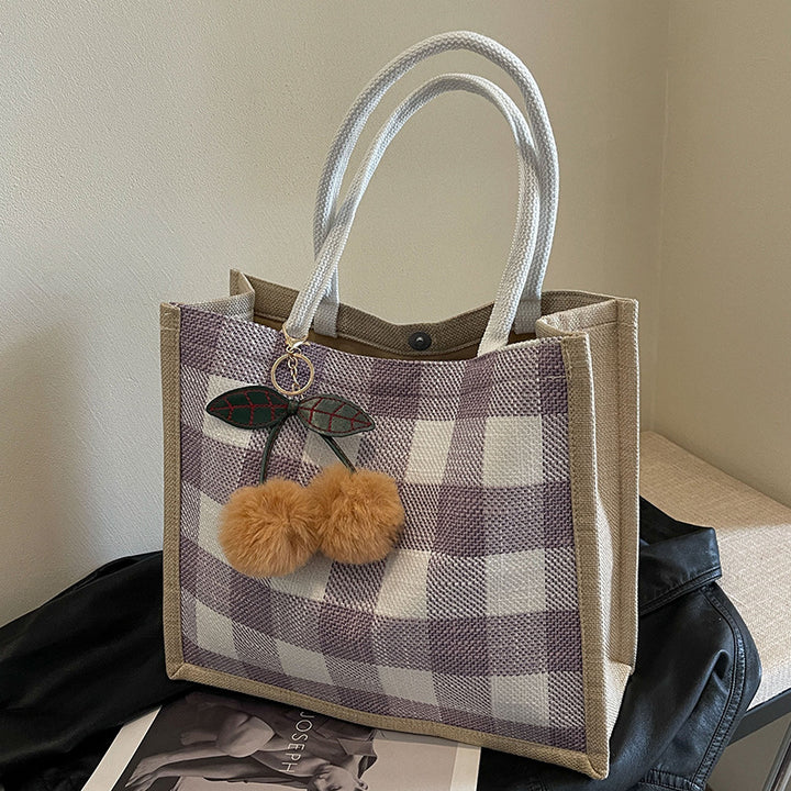 Damen Shopper-Tasche mit kariertem Design und verspielten Pompons Nord Taschen