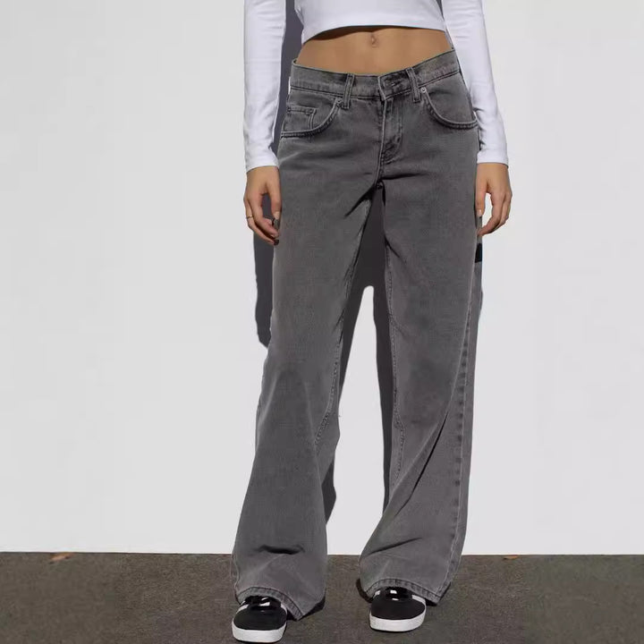 Damen weites Denim Hosenmodell mit tiefem Bund und weitem Schlag Nord Taschen