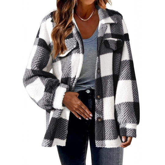 Damen Karierte Teddy‑Hemdjacke im Oversize‑Shacket‑Stil Nord Taschen