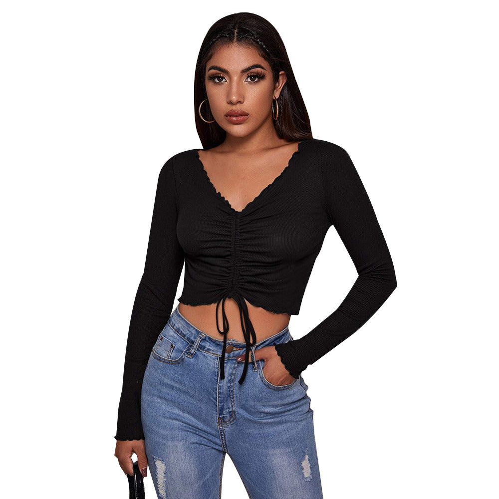 Damen geripptes Cropped-Longsleeve mit Tunnelzugvorderseite, Bindekordeln und gewelltem Saum Nord Taschen