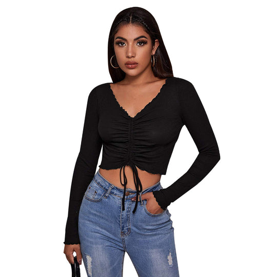 Damen geripptes Cropped-Longsleeve mit Tunnelzugvorderseite, Bindekordeln und gewelltem Saum Nord Taschen