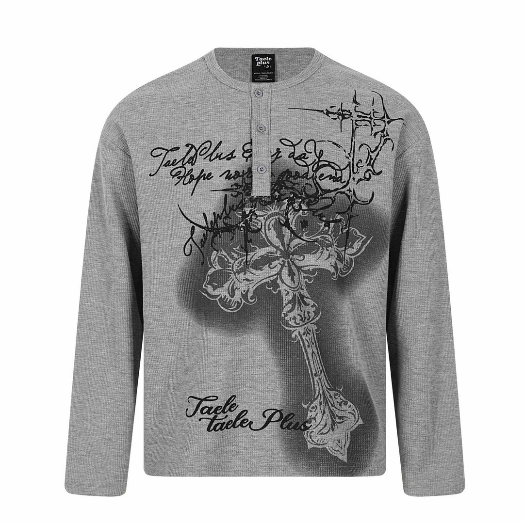 Herren Langarm-Henleyshirt mit Waffelstruktur, Knopfleiste und großflächigem Grafikprint Nord Taschen