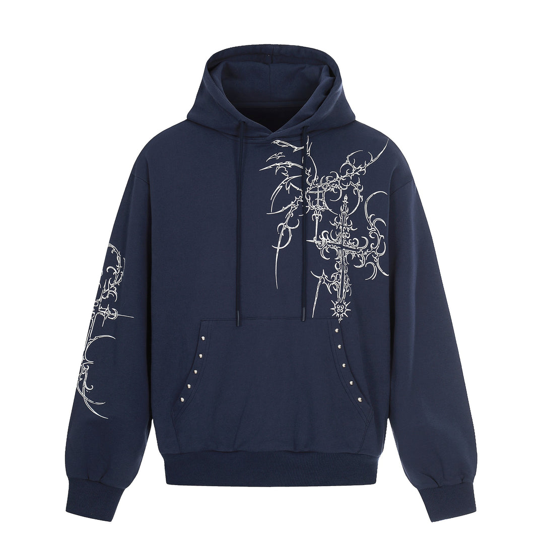 Herren Oversize Kapuzenpullover mit ornamentalem Kreuz‑Print und Nieten Nord Taschen