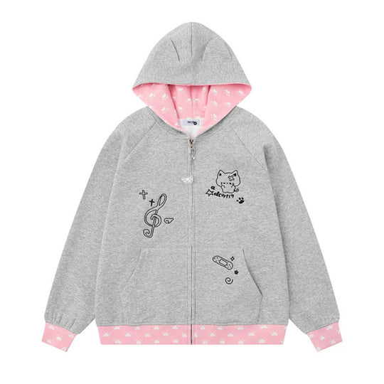 Damen Kapuzenjacke mit Reißverschluss im Casual‑Kawaii‑Stil, Kontrastkapuze, Comic‑Prints und Rippbündchen Nord Taschen