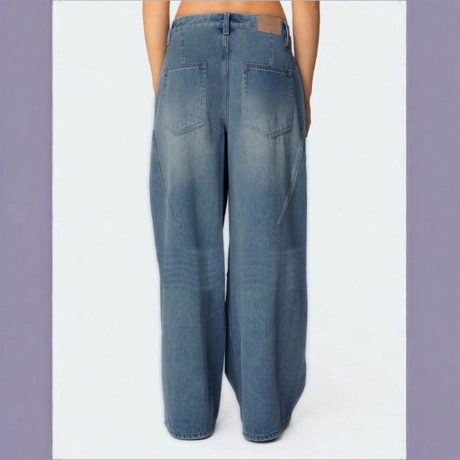 Damen Extraweite High-Waist Denim-Palazzohose mit langem Schlag Nord Taschen