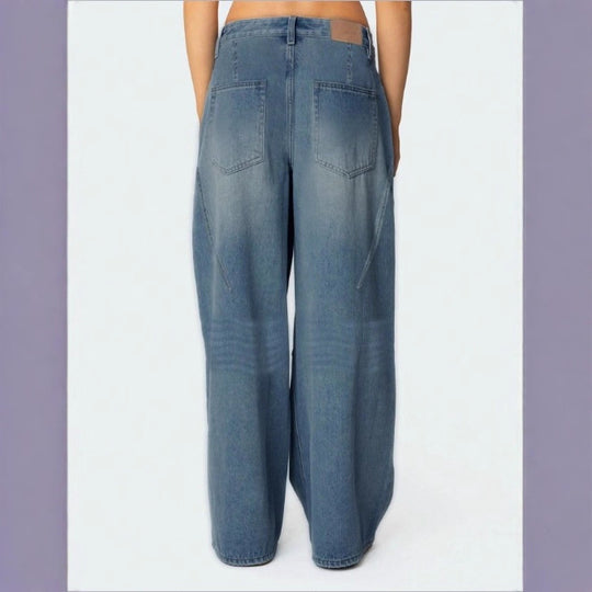 Damen Extraweite High-Waist Denim-Palazzohose mit langem Schlag Nord Taschen