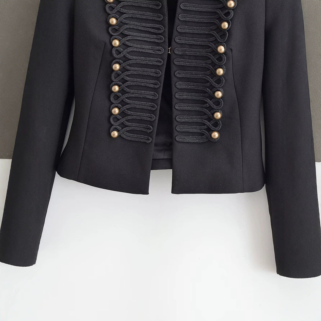 Damen Kastenfreie Militär-Jacke im Cropped‑Schnitt mit Stehkragen und Zierkordel-Detail Nord Taschen