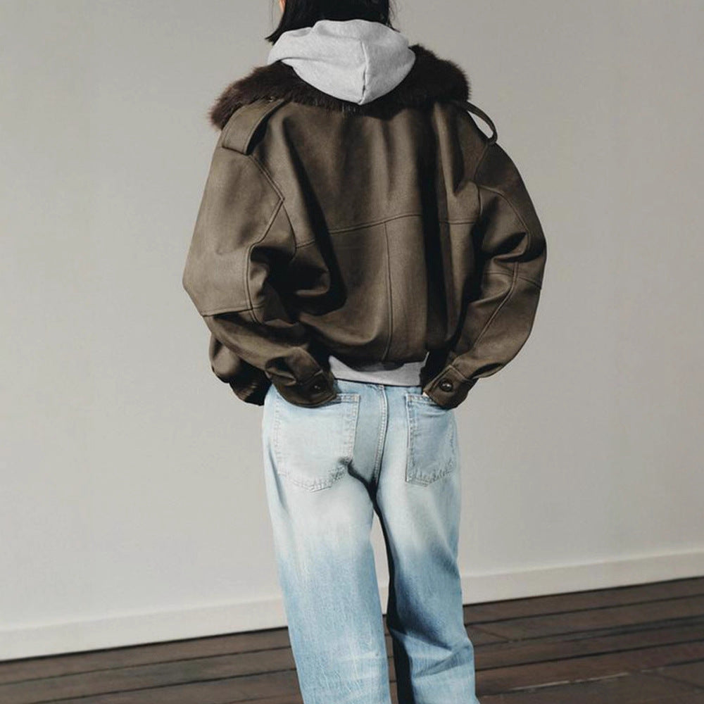 Damen Kurzjacke im Aviator‑Style mit Kunstpelzkapuze und aufgesetzten Pattentaschen Nord Taschen