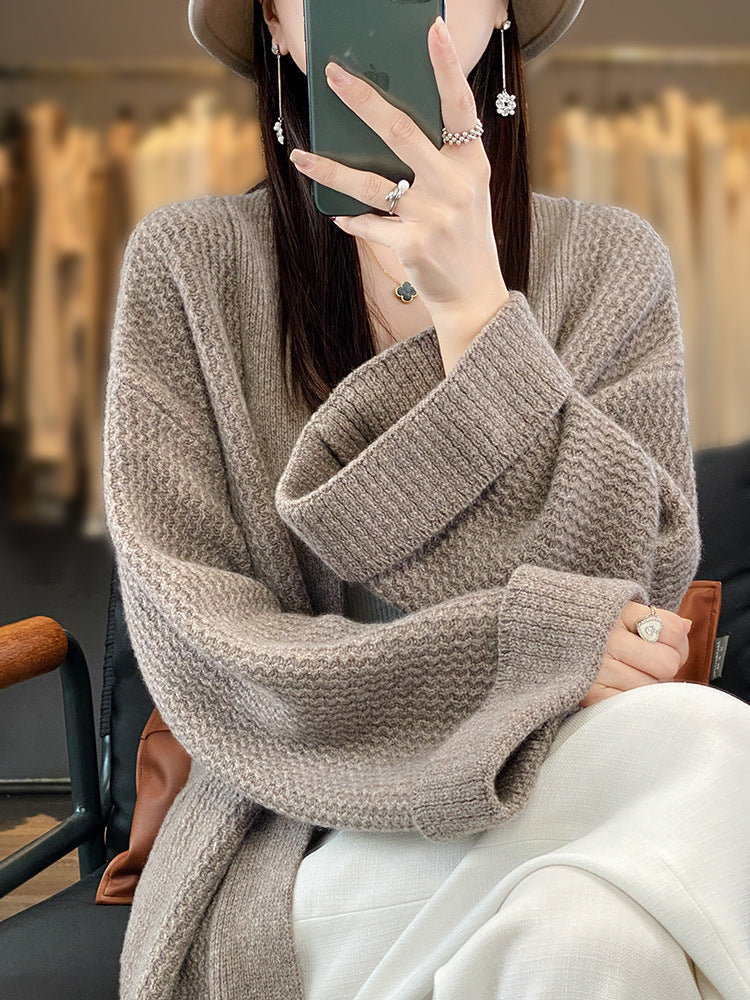 Damen Langer Oversize-Strickcardigan mit Strukturmuster und aufgesetzten Taschen Nord Taschen