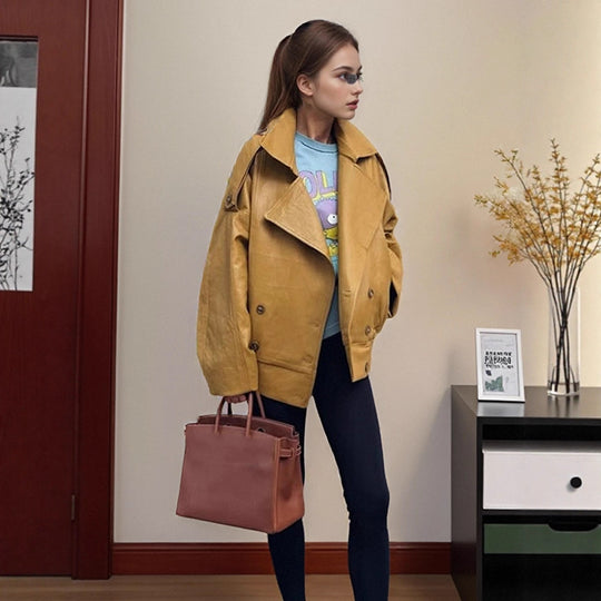 Damen Oversize Lederjacke mit voluminösen Ballonärmeln und kurzer Boxy-Silhouette Nord Taschen